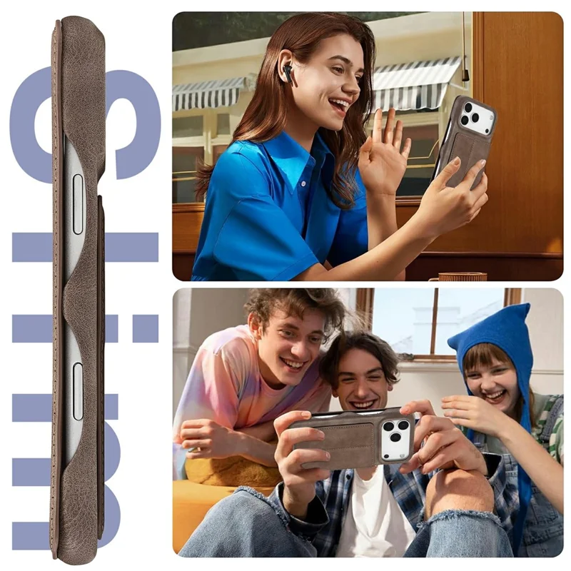 LC.IMEEKE voor iPhone 17 Pro hoesje met kaarthouder en standaard in lederen uitvoering - Koffie