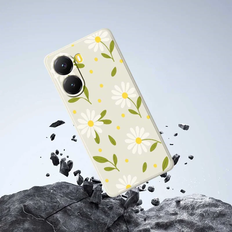 Für Xiaomi Redmi Turbo 4 5G / Poco X7 Pro 5G Hülle Weiße Blumen Grüne Blätter Muster Druck Gerade Kante TPU Handy Rückseite Schutzhülle - Grün