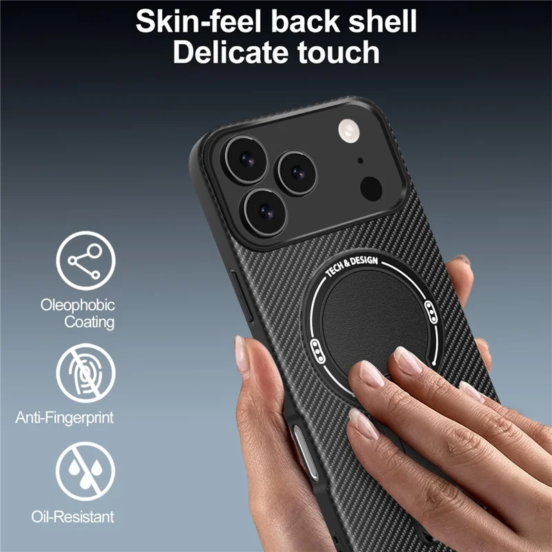 Capa para iPhone 17 Pro Max com Suporte, Textura de Fibra de Carbono, PC + TPU - Preto