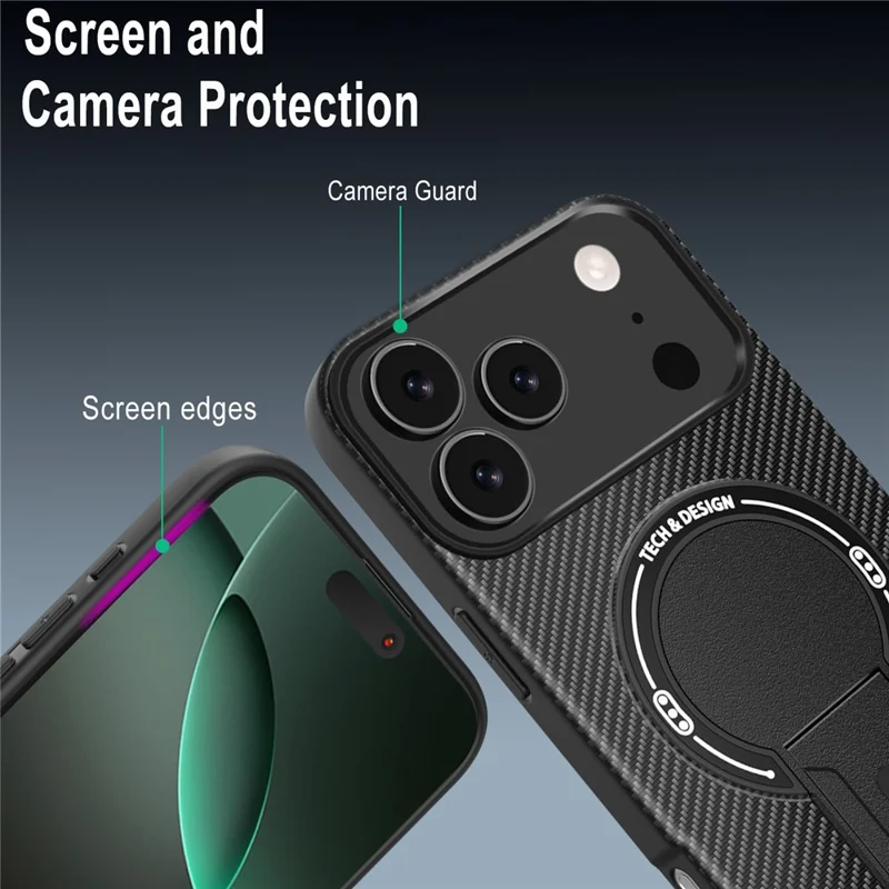 Capa para iPhone 17 Pro Max com Suporte, Textura de Fibra de Carbono, PC + TPU - Preto