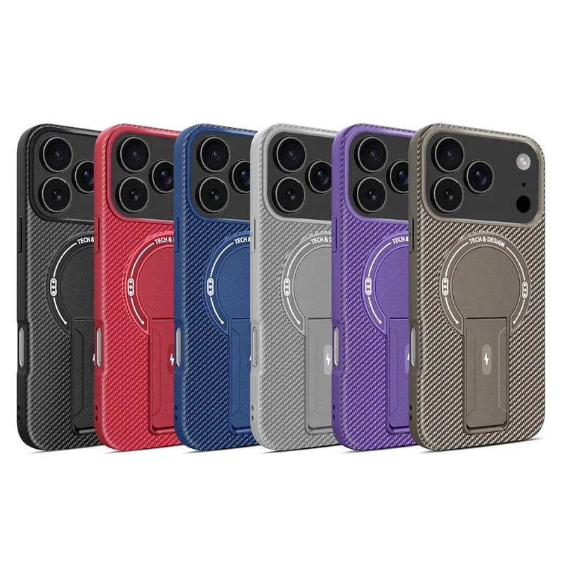 Capa para iPhone 17 Pro Max com Suporte, Textura de Fibra de Carbono, PC + TPU - Preto