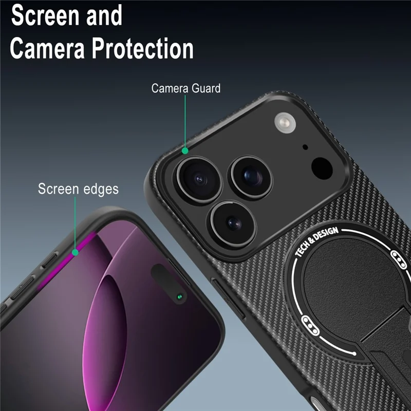 Чехол для iPhone 17 Pro с подставкой, текстурой из углеродного волокна и PC + TPU - черный