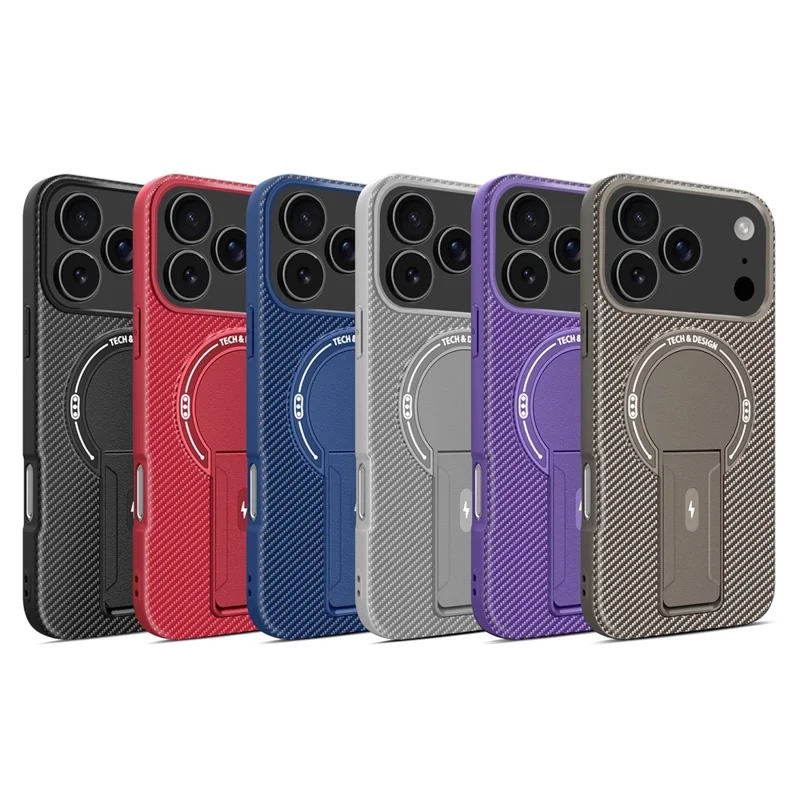 Чехол для iPhone 17 Pro с подставкой, текстурой из углеродного волокна и PC + TPU - черный