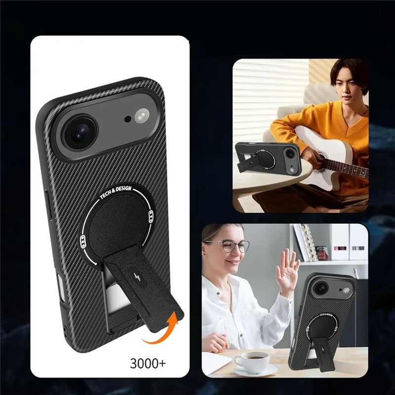 Capa de Ar para iPhone 17 com Suporte Dobrável, Textura de Fibra de Carbono, Capa de Celular PC + TPU - Preto