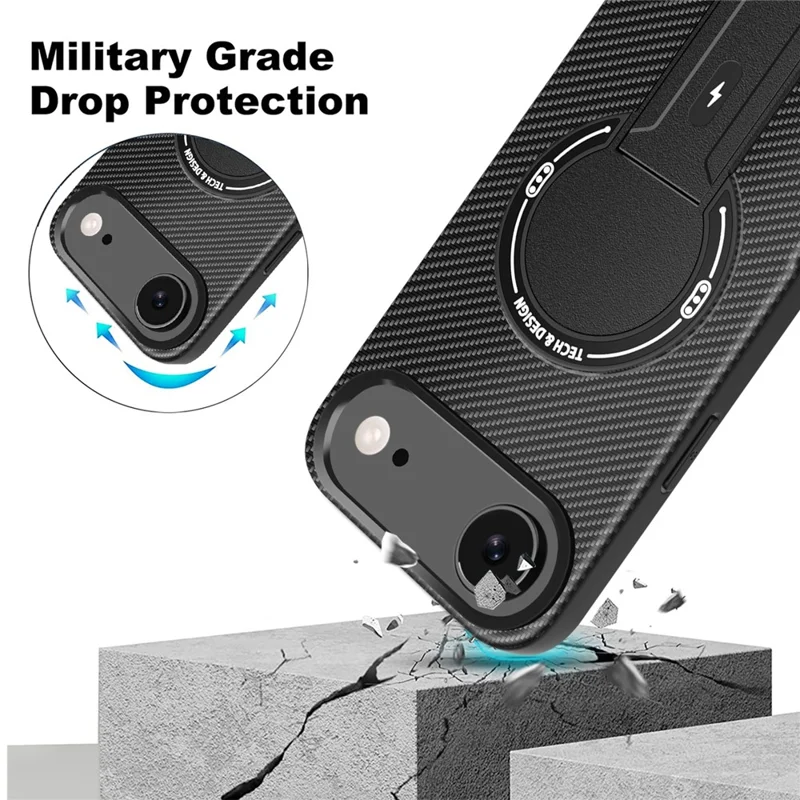 Capa de Ar para iPhone 17 com Suporte Dobrável, Textura de Fibra de Carbono, Capa de Celular PC + TPU - Preto