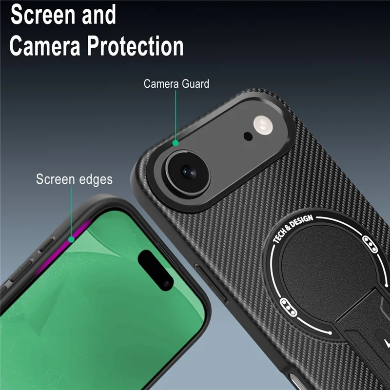 Capa de Ar para iPhone 17 com Suporte Dobrável, Textura de Fibra de Carbono, Capa de Celular PC + TPU - Preto
