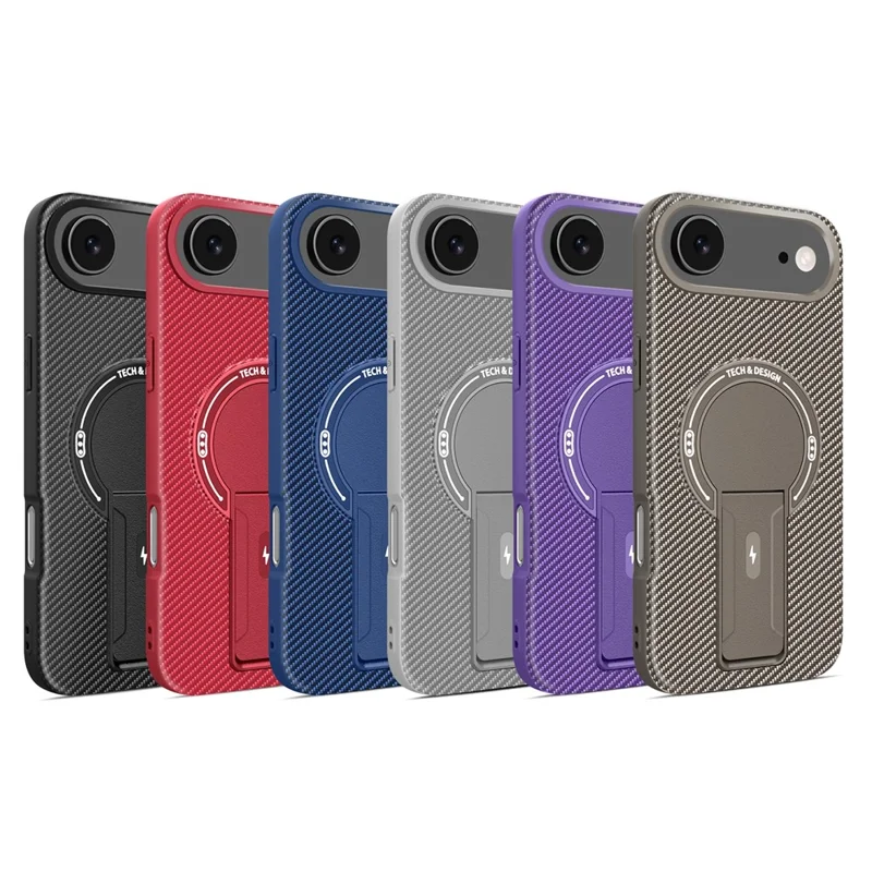 Capa de Ar para iPhone 17 com Suporte Dobrável, Textura de Fibra de Carbono, Capa de Celular PC + TPU - Preto