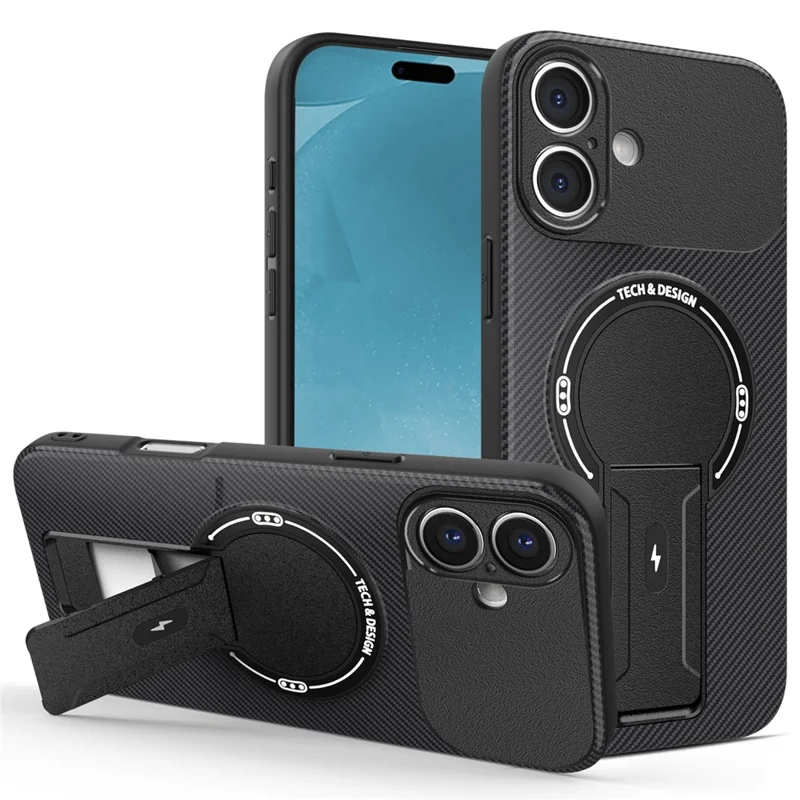 Für iPhone 17 Hülle mit Ständer Karbonfaser-Textur PC + TPU Handyhülle - Schwarz