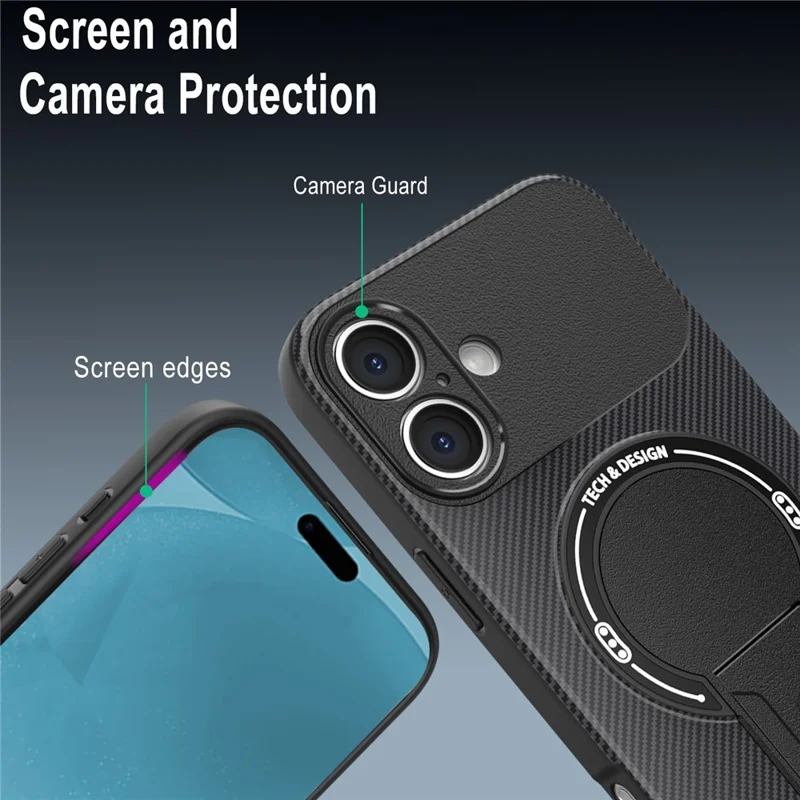 Für iPhone 17 Hülle mit Ständer Karbonfaser-Textur PC + TPU Handyhülle - Schwarz