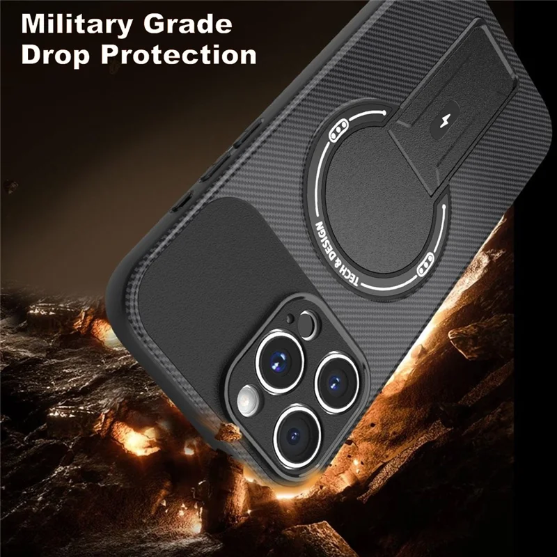 Funda para iPhone 16 Pro Max con Soporte, Textura de Fibra de Carbono, Carcasa de PC + TPU - Negro