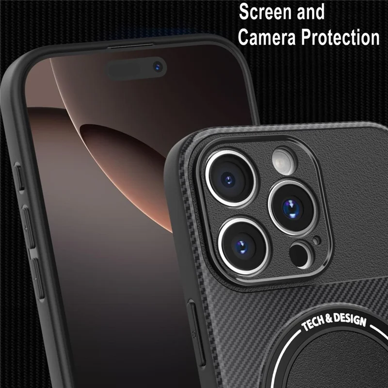 Funda para iPhone 16 Pro Max con Soporte, Textura de Fibra de Carbono, Carcasa de PC + TPU - Negro