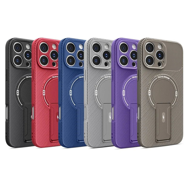 For iPhone 16 Pro Max Case with Kickstand Carbon Fiber Texture PC + TPU Phone Cover - Blue