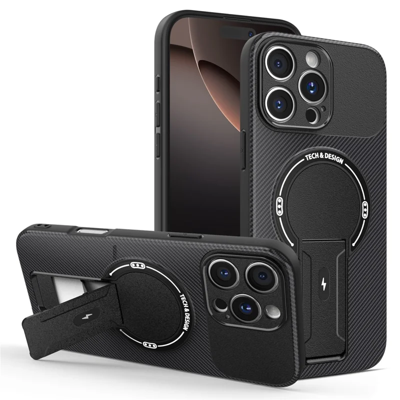 Für iPhone 16 Pro Hülle mit Ständer Karbonfaser-Textur PC + TPU Handyhülle - Schwarz