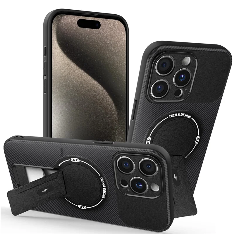 Чехол для iPhone 15 Pro Max с подставкой, текстура углеродного волокна, ПК + ТПУ - Черный