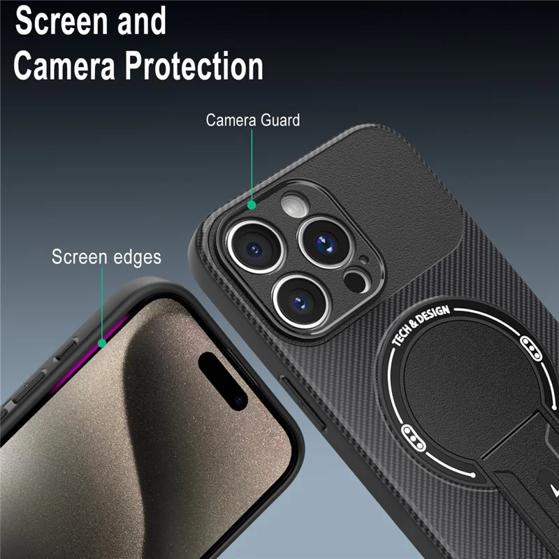 Чехол для iPhone 15 Pro Max с подставкой, текстура углеродного волокна, ПК + ТПУ - Черный