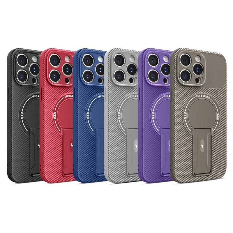 Чехол для iPhone 15 Pro Max с подставкой, текстура углеродного волокна, ПК + ТПУ - Черный