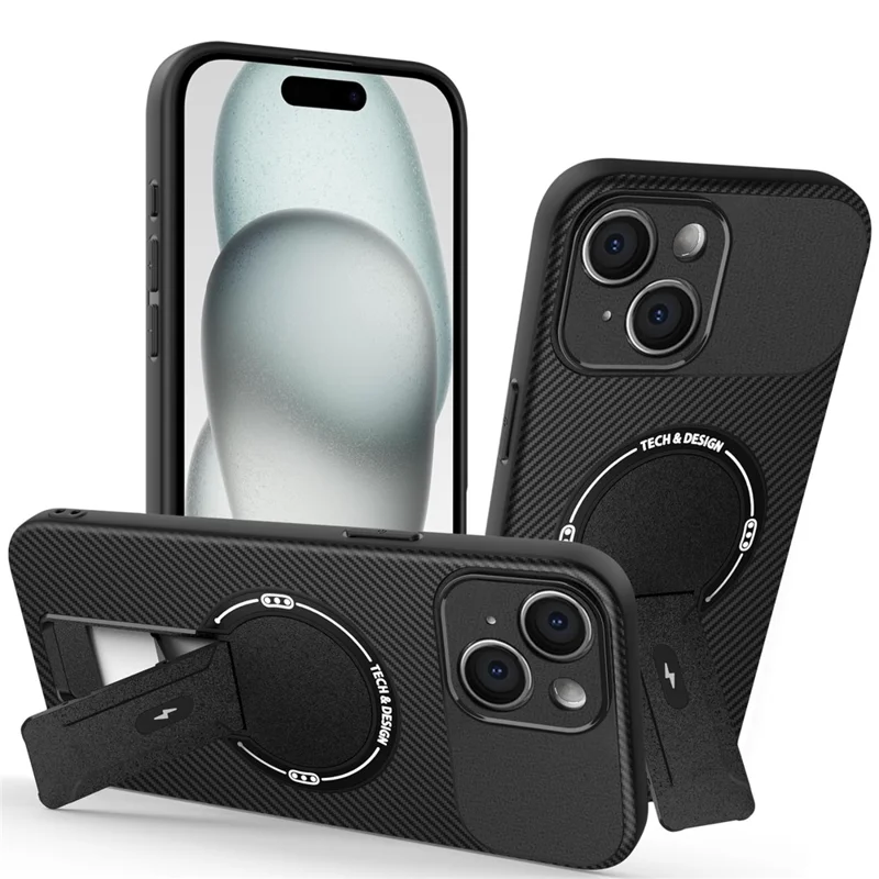 Capa para iPhone 15 com Suporte Dobrável Textura de Fibra de Carbono PC + TPU - Preto
