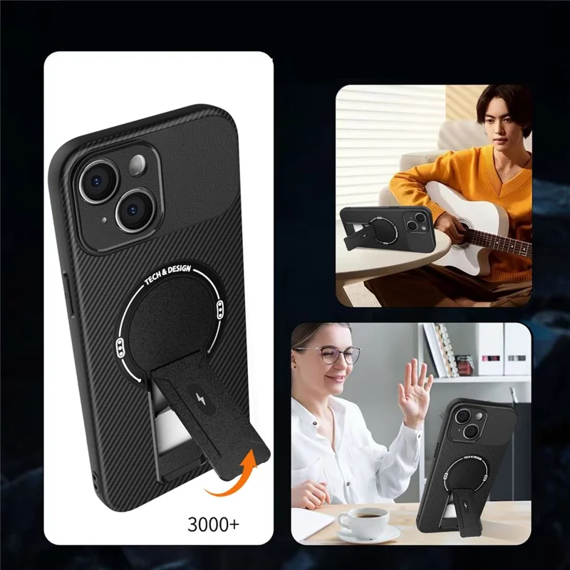 Capa para iPhone 15 com Suporte Dobrável Textura de Fibra de Carbono PC + TPU - Preto