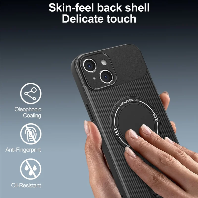 Capa para iPhone 15 com Suporte Dobrável Textura de Fibra de Carbono PC + TPU - Preto