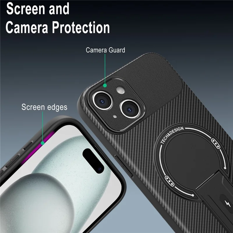 Capa para iPhone 15 com Suporte Dobrável Textura de Fibra de Carbono PC + TPU - Preto