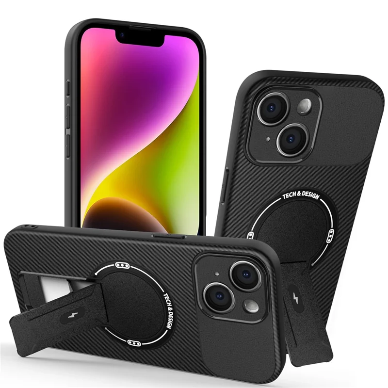Cover per iPhone 14 con Supporto e Texture in Fibra di Carbonio PC + TPU - Nero