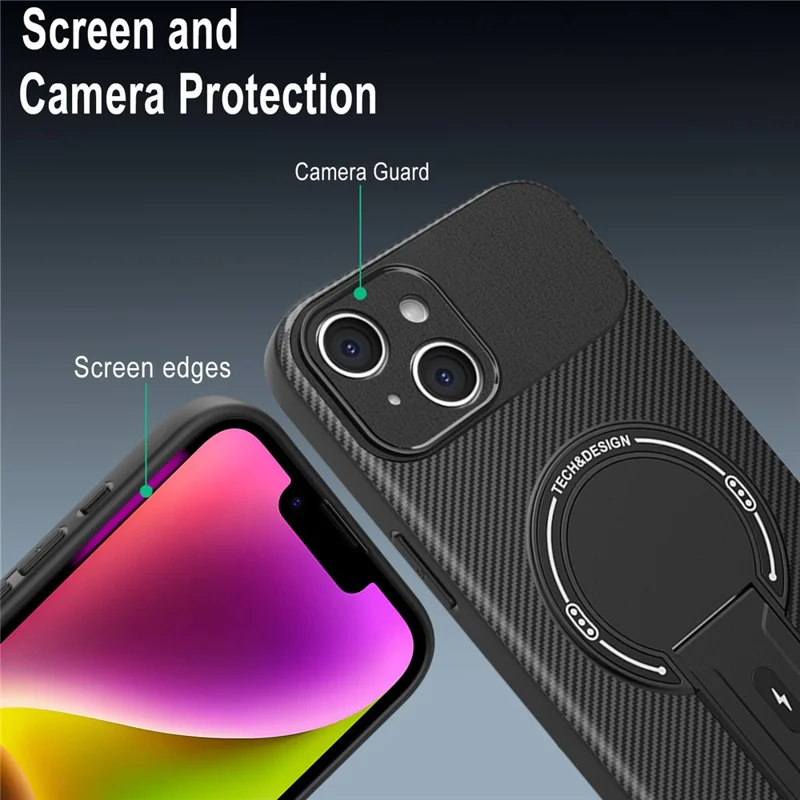 Cover per iPhone 14 con Supporto e Texture in Fibra di Carbonio PC + TPU - Nero