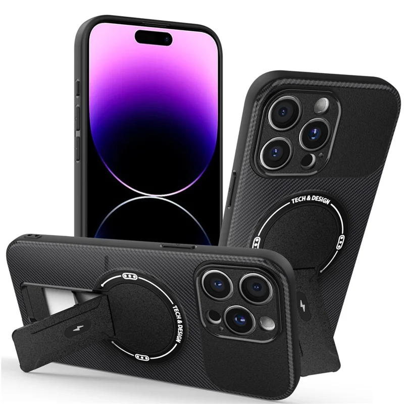 Étui pour iPhone 14 Pro Max avec support en fibre de carbone Texture PC + Housse de téléphone TPU - Noir