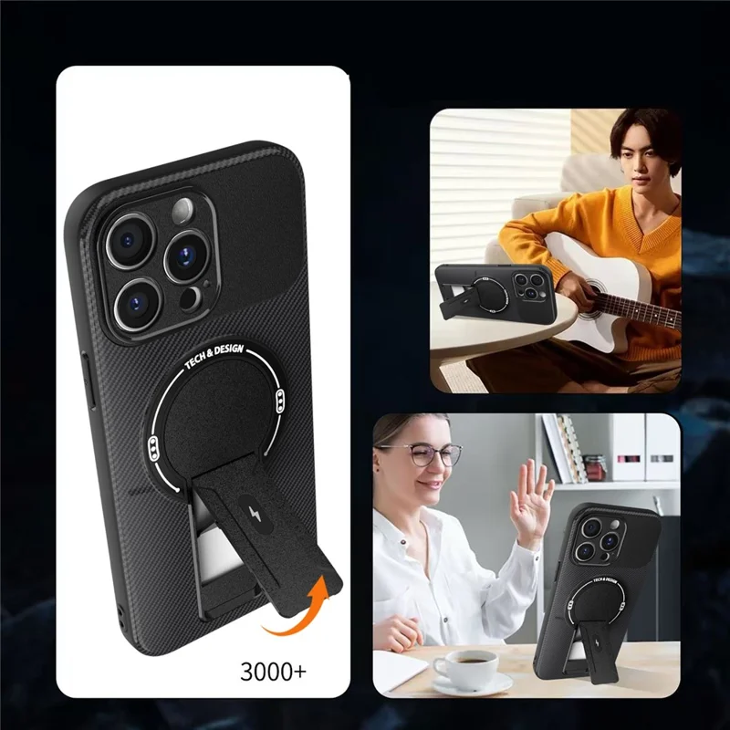 Étui pour iPhone 14 Pro Max avec support en fibre de carbone Texture PC + Housse de téléphone TPU - Noir