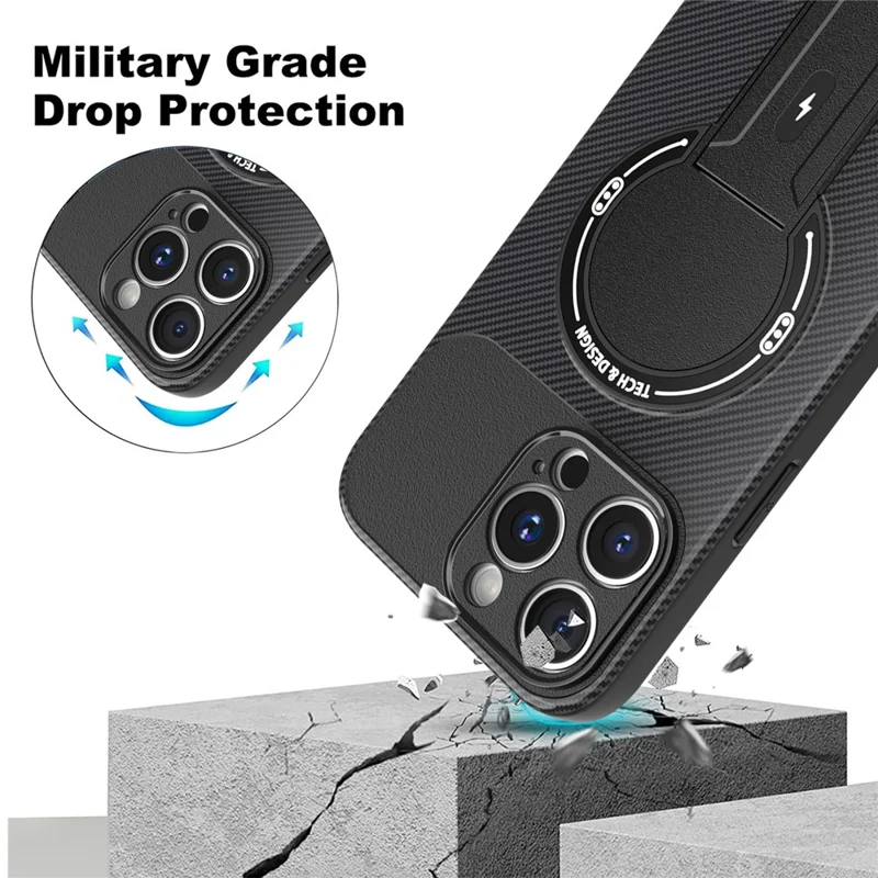 Funda para iPhone 14 Pro con Soporte Tipo Fibra de Carbono PC + TPU - Negro
