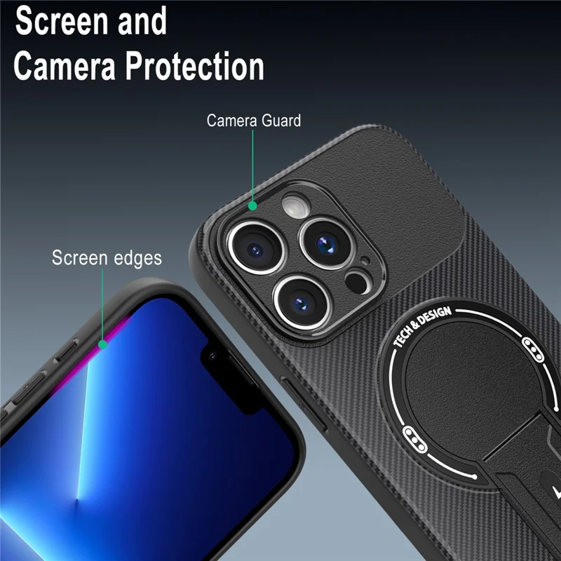 Étui pour iPhone 13 Pro Max avec support en fibre de carbone Texture PC + Housse de téléphone TPU - Noir