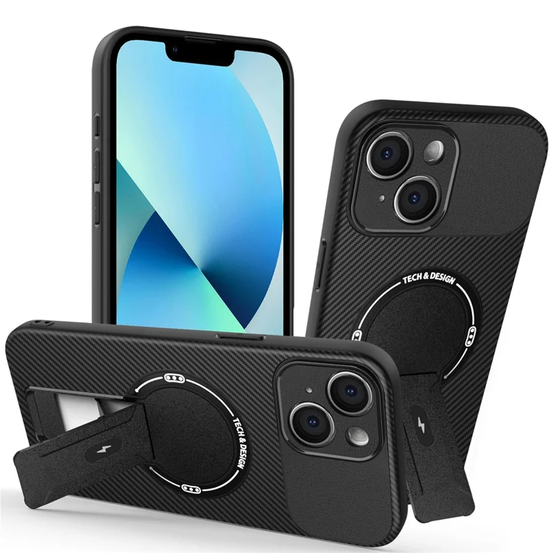 Coque pour iPhone 13 avec support en fibre de carbone Texture PC + TPU Étui de téléphone - Noir