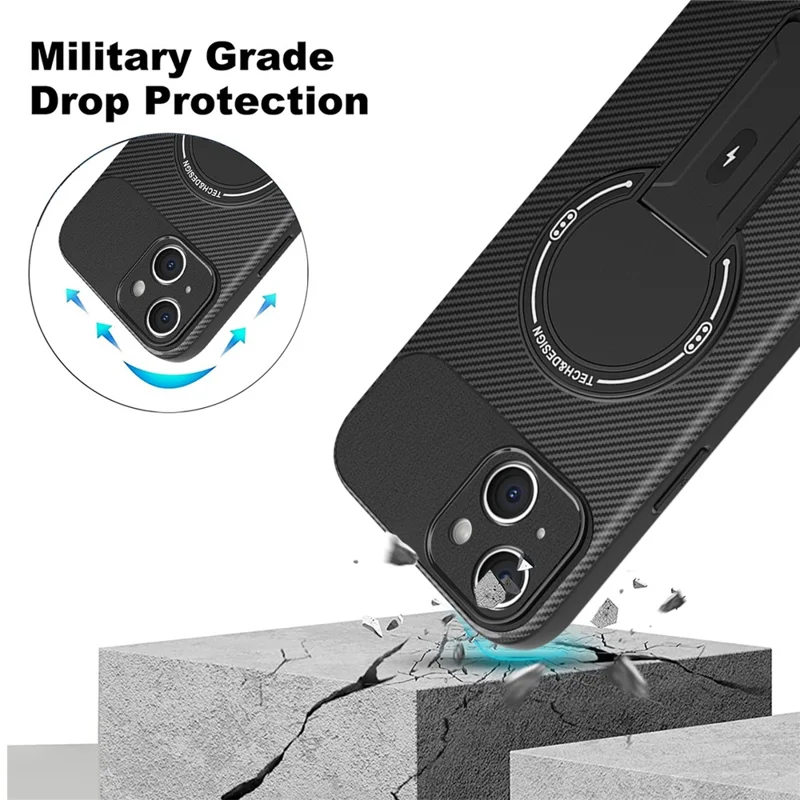 Coque pour iPhone 13 avec support en fibre de carbone Texture PC + TPU Étui de téléphone - Noir