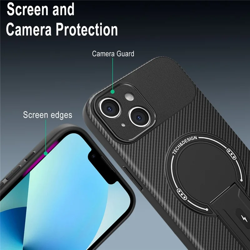 Coque pour iPhone 13 avec support en fibre de carbone Texture PC + TPU Étui de téléphone - Noir