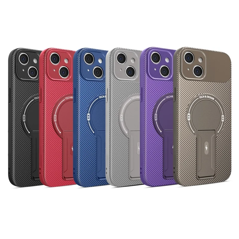 Coque pour iPhone 13 avec support en fibre de carbone Texture PC + TPU Étui de téléphone - Noir