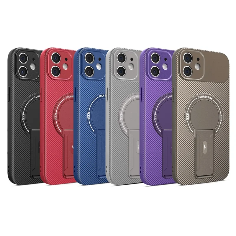 Capa para iPhone 11 com Suporte Dobrável Textura de Fibra de Carbono PC + TPU - Preto