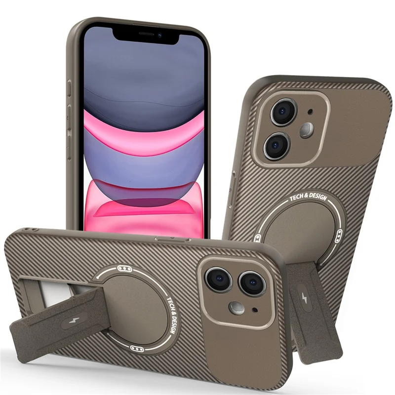 For iPhone 11 Case with Kickstand Carbon Fiber Texture PC + TPU Phone Cover - Brown