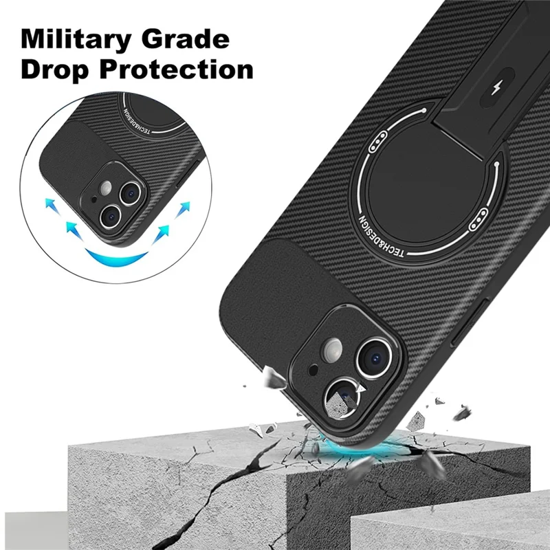 For iPhone 11 Case with Kickstand Carbon Fiber Texture PC + TPU Phone Cover - Brown