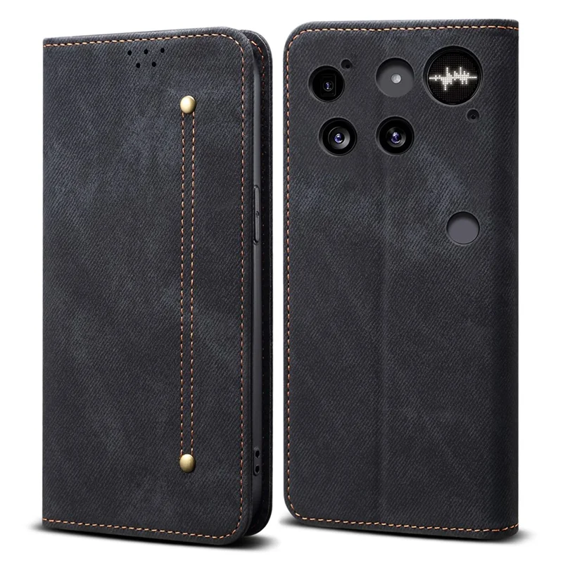 Cover per Nothing Phone (3) 5G in Stile Jeans, Texture Antigraffio con Supporto in Pelle - Nero