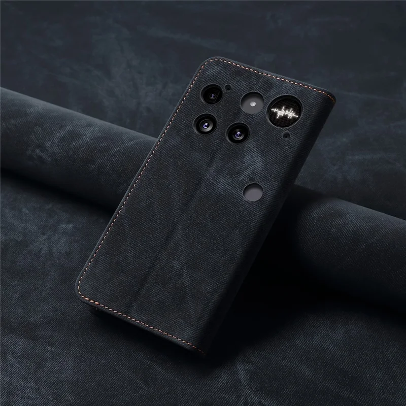Cover per Nothing Phone (3) 5G in Stile Jeans, Texture Antigraffio con Supporto in Pelle - Nero