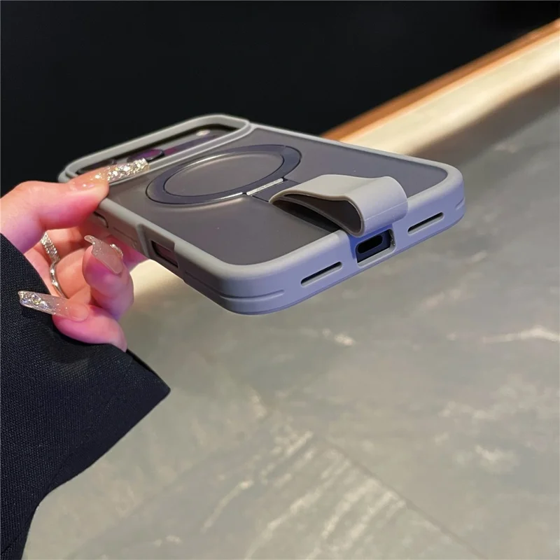 Coque pour iPhone 17 Pro en TPU et PC avec Lanière Intégrée et Support Métallique - Gris Titane