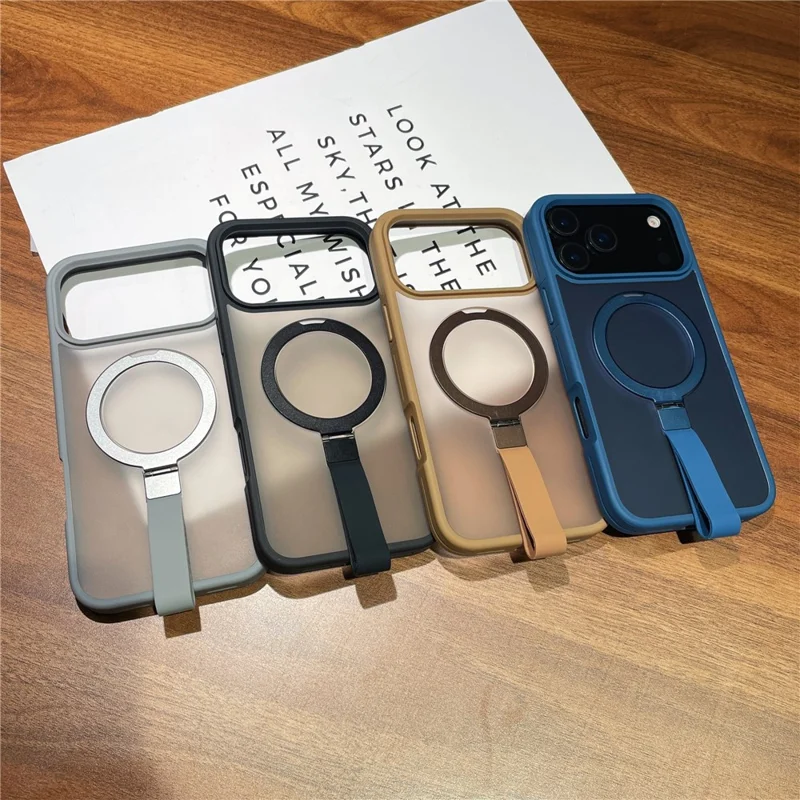 Coque pour iPhone 17 Pro en TPU et PC avec Lanière Intégrée et Support Métallique - Gris Titane