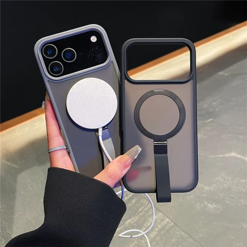 Capa para iPhone 17 Pro Max TPU PC Capa traseira do telefone com cordão integrado Anel de metal Suporte - Cinza titânio