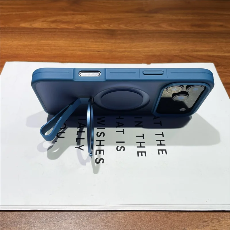 For iPhone 17 Pro Max Case TPU PC Phone Back Cover with Integrated Lanyard Metal Ring Kickstand - Sapphire