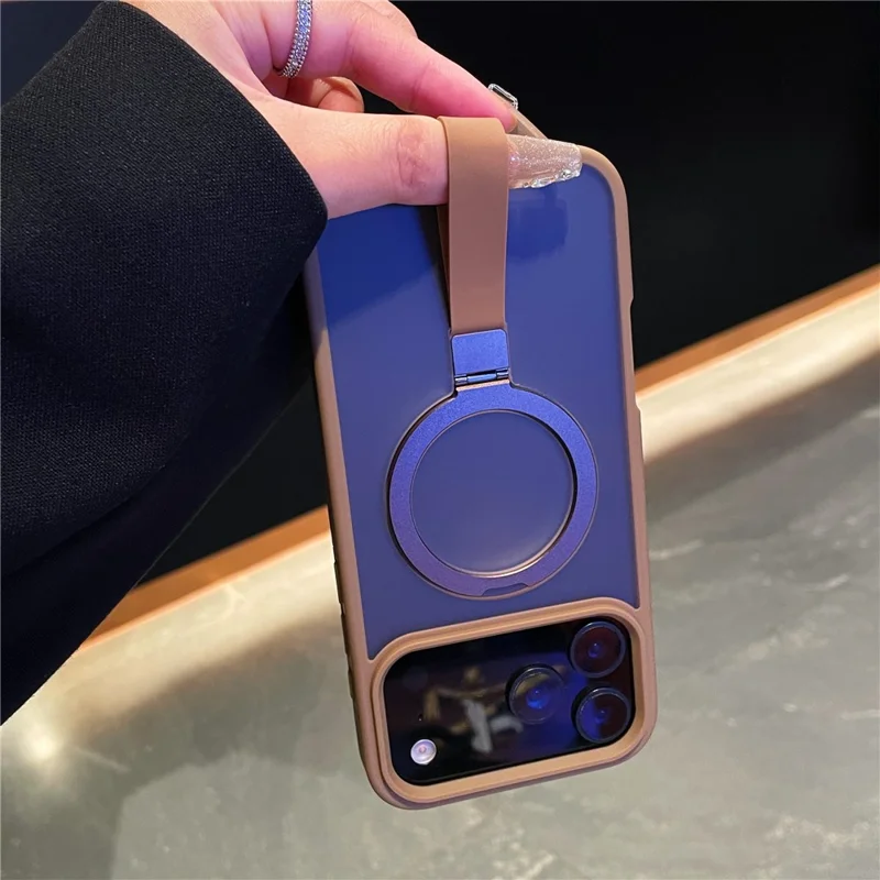 For iPhone 17 Pro Max Case TPU PC Phone Back Cover with Integrated Lanyard Metal Ring Kickstand - Sapphire