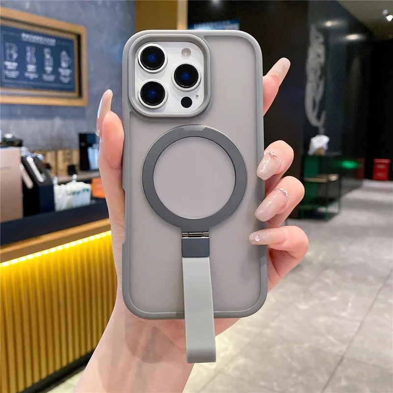 For iPhone 16 Pro Max Case TPU PC Phone Back Cover with Integrated Lanyard Metal Kickstand - Titanium Grey