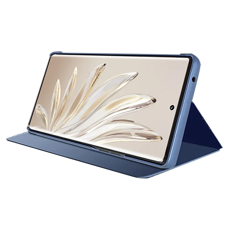 For Honor 70 5G Capa Protetora de Telefone com Espelho de Superfície de Couro PU e Eletrodeposição, Janela de Visualização e Suporte - Azul 