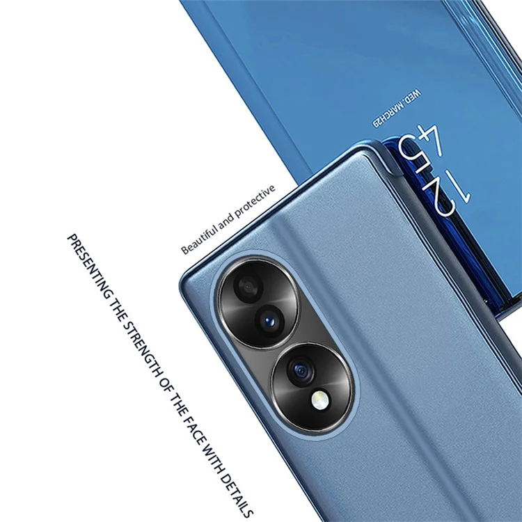 For Honor 70 5G Capa Protetora de Telefone com Espelho de Superfície de Couro PU e Eletrodeposição, Janela de Visualização e Suporte - Azul 