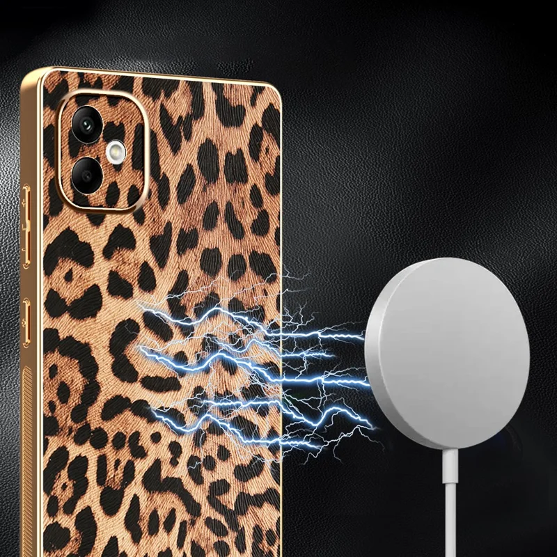 Étui pour Samsung Galaxy A07 4G avec Motif Léopard en Cuir PU Revêtu de PC + TPU, Coque de Téléphone Électrolytique