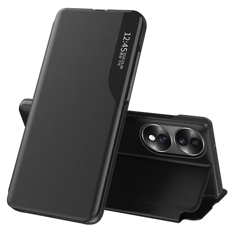 For Honor 70 5G PU Leder View Window Telefonständer Stoßfeste Handyhülle - Schwarz