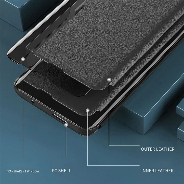 For Honor 70 5G PU Leder View Window Telefonständer Stoßfeste Handyhülle - Schwarz